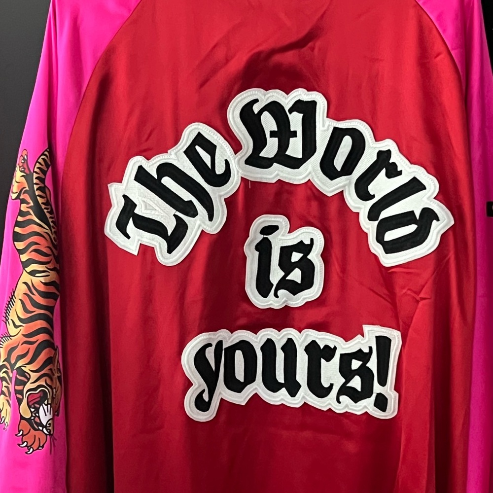 Dressed in LALA Two-Tone Red and Hot Pink Varsity Satin Jacket - Picture 5 of 8
